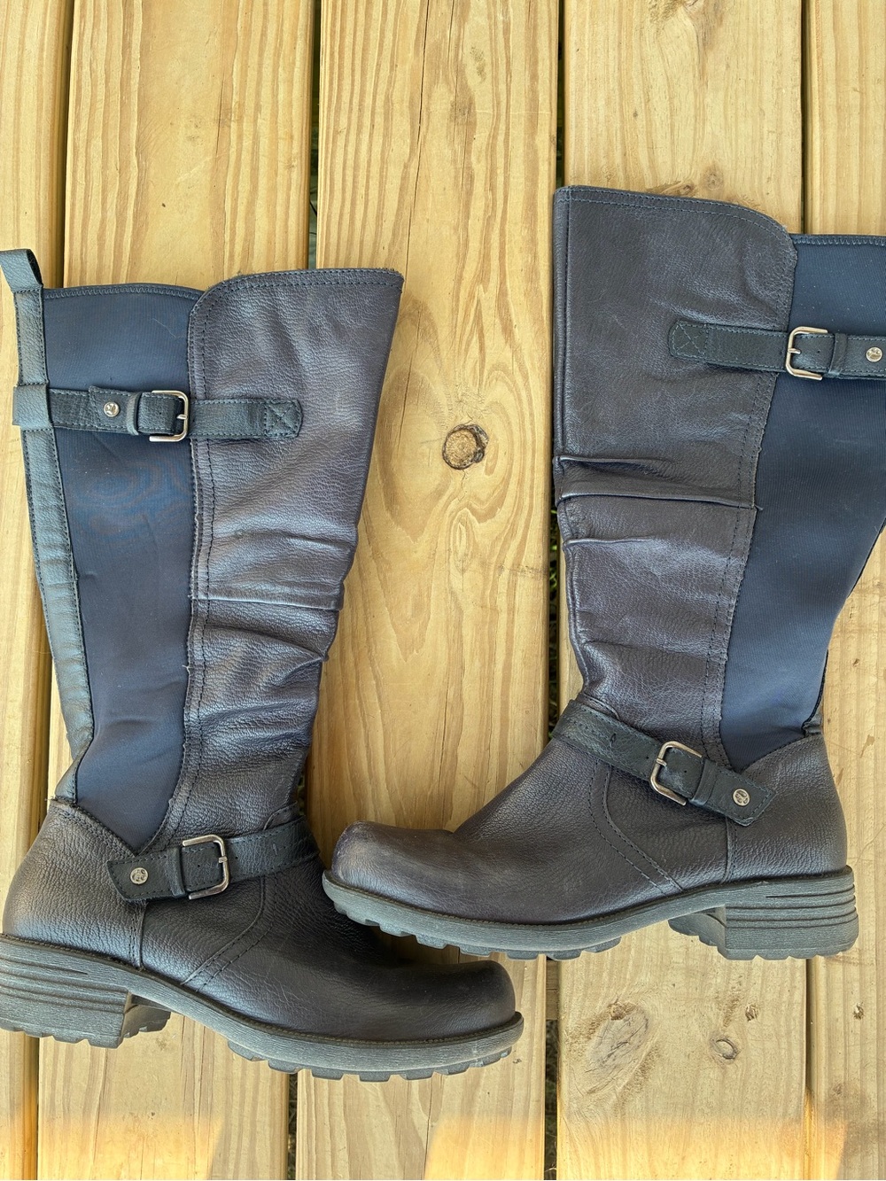 Women's Black Tall Leather Buckle Riding Boots
